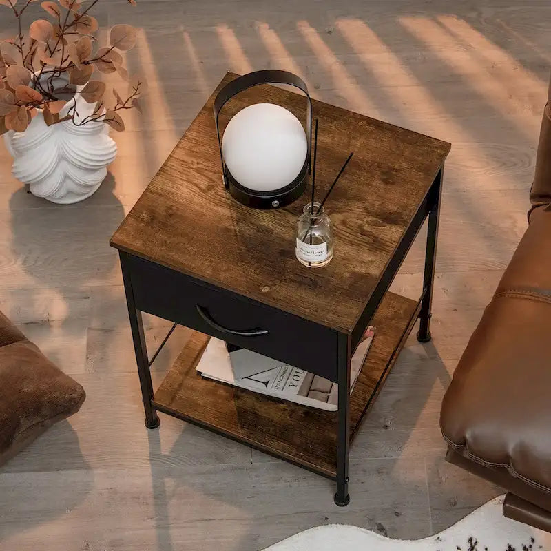 2-Tier Industrial Nightstand with Foldable Drawer and Open Shelf – Industrial Brown, Set of 2