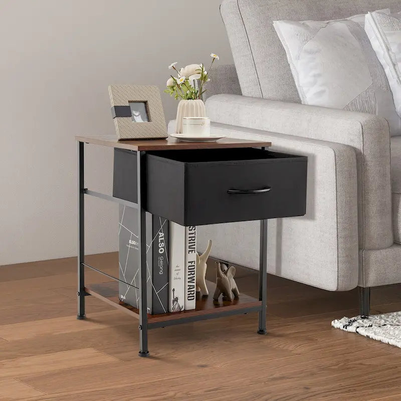 2-Tier Industrial Nightstand with Foldable Drawer and Open Shelf – Industrial Brown, Set of 2