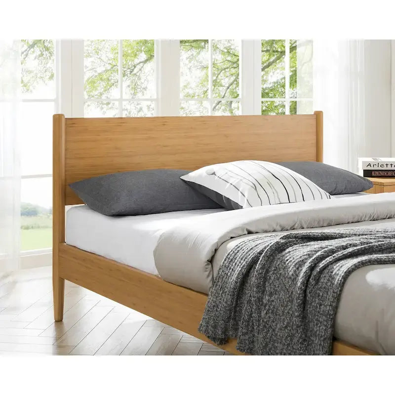 Solid Moso Bamboo Platform Bed with European Slat System and Panel Headboard – Caramelized, King