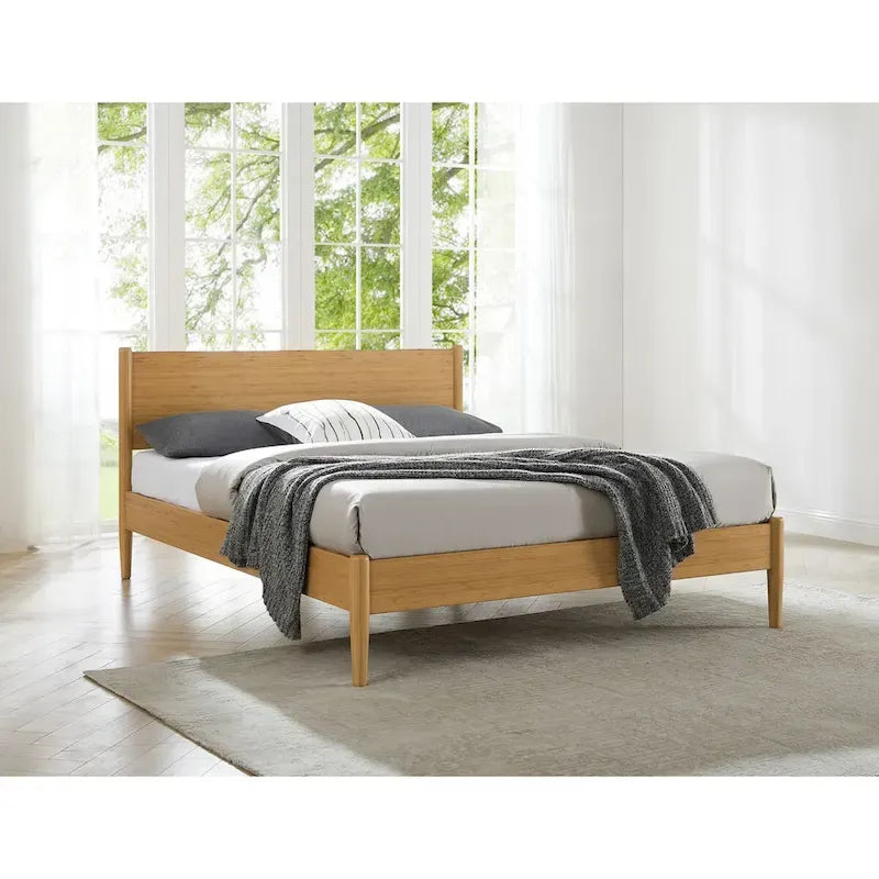Solid Moso Bamboo Platform Bed with European Slat System and Panel Headboard – Caramelized, King