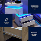 2-Drawer Wooden Nightstand with LED Base Light – White Red / Gray Gold / Black Gold / Blue Gold / White Stone, 1-Unit