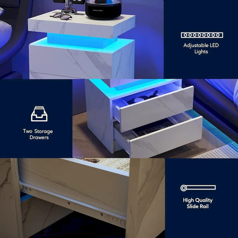 2-Drawer Wooden Nightstand with LED Base Light – White Red / Gray Gold / Black Gold / Blue Gold / White Stone, 1-Unit