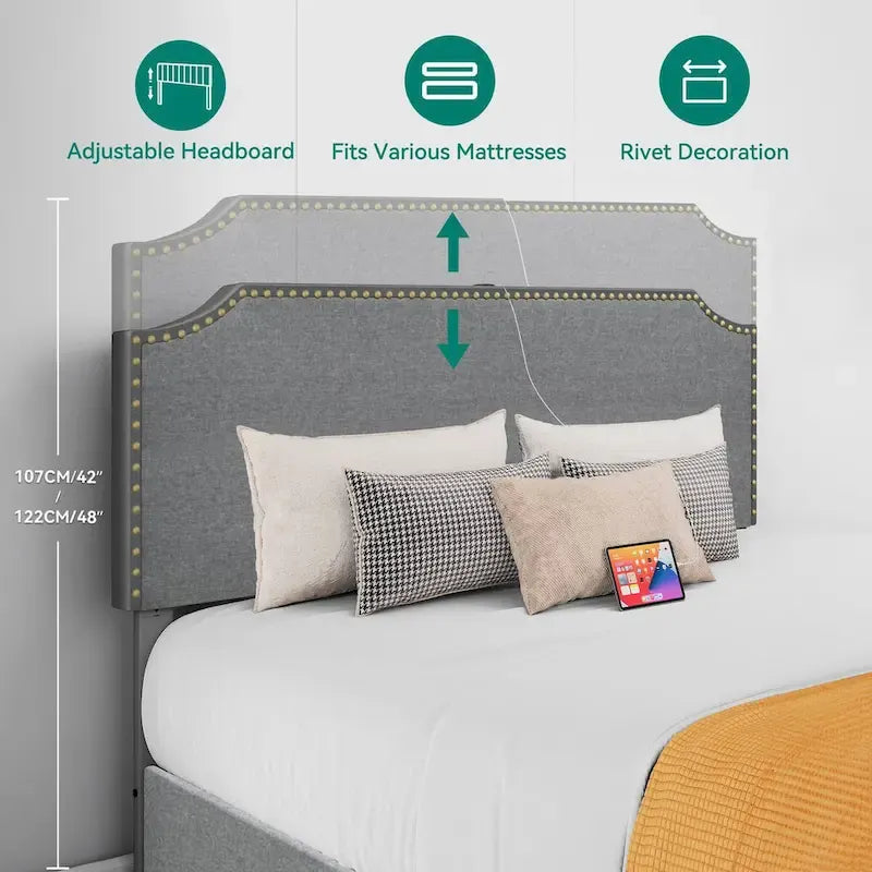 King Upholstered Platform Bed Frame with Curved Rivet Headboard and 4 Storage Drawers – Grey, 1-Unit