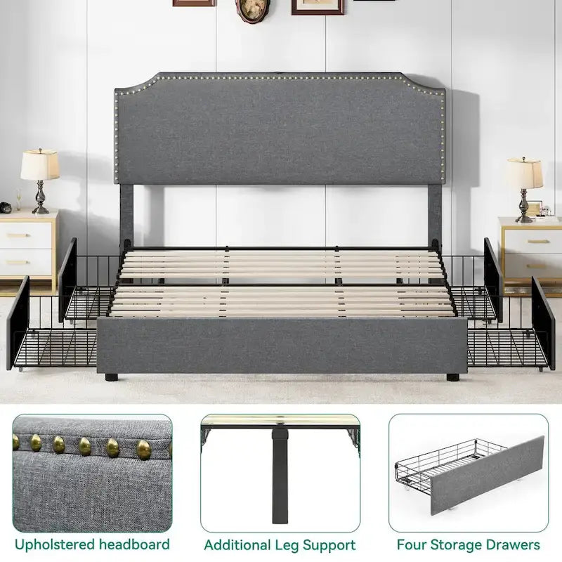 King Upholstered Platform Bed Frame with Curved Rivet Headboard and 4 Storage Drawers – Grey, 1-Unit