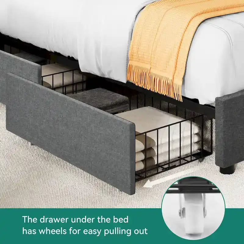 King Upholstered Platform Bed Frame with Curved Rivet Headboard and 4 Storage Drawers – Grey, 1-Unit