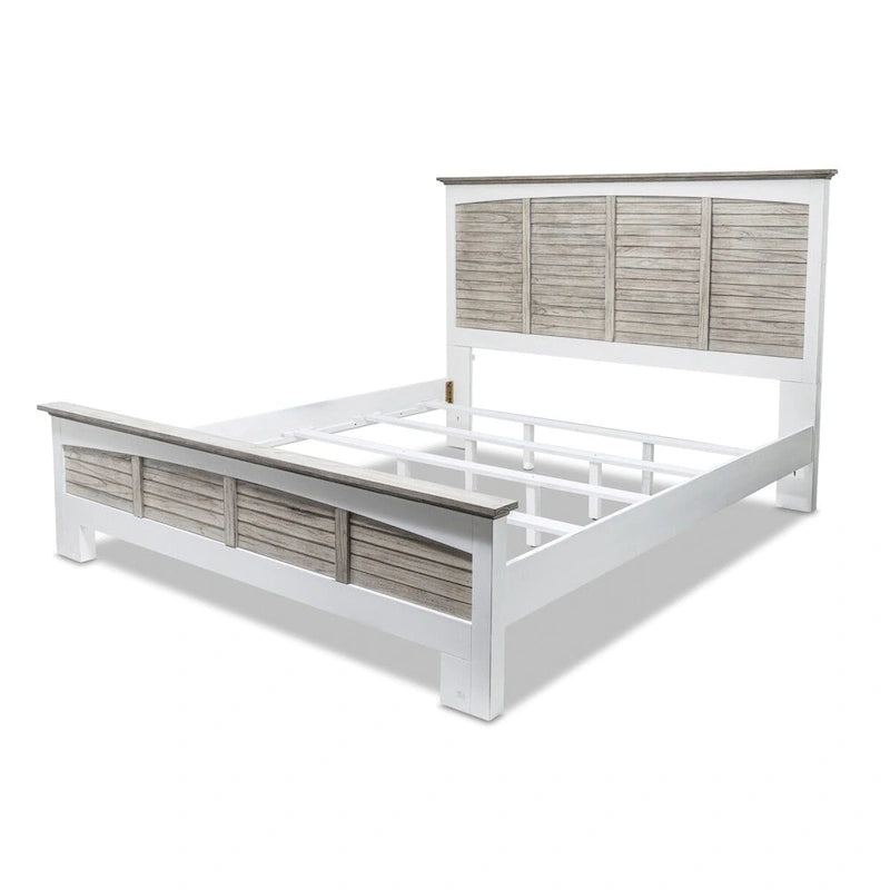 Two-Tone Distressed Solid Wood Bed with Glazed White Frame – Grey / White, Queen / King, 2-Person Use