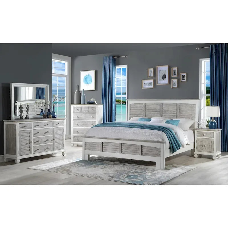 Two-Tone Distressed Solid Wood Bed with Glazed White Frame – Grey / White, Queen / King, 2-Person Use
