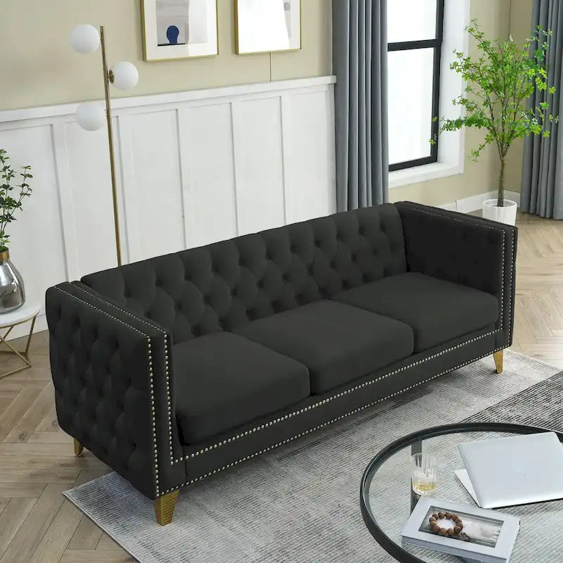 Chesterfield 3-Seat Velvet Sofa with Button Tufting, Nailhead Trim and Metal Legs – Black / Gray / Beige, 3-Person Use