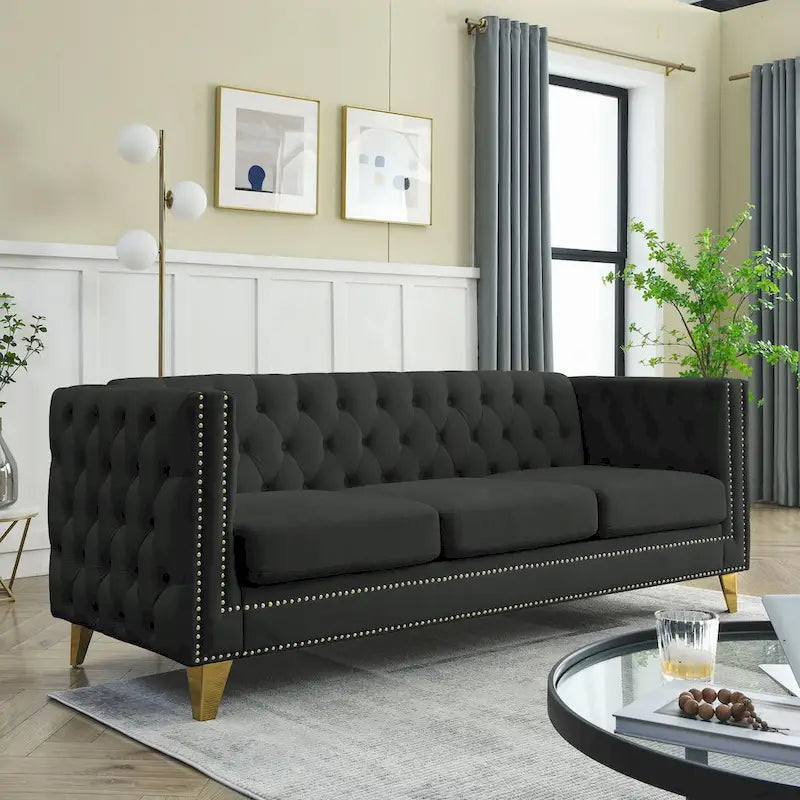 Chesterfield 3-Seat Velvet Sofa with Button Tufting, Nailhead Trim and Metal Legs – Black / Gray / Beige, 3-Person Use