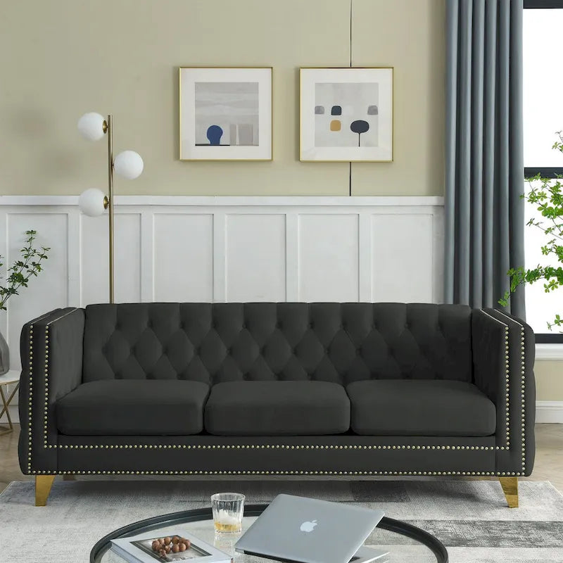 Chesterfield 3-Seat Velvet Sofa with Button Tufting, Nailhead Trim and Metal Legs – Black / Gray / Beige, 3-Person Use