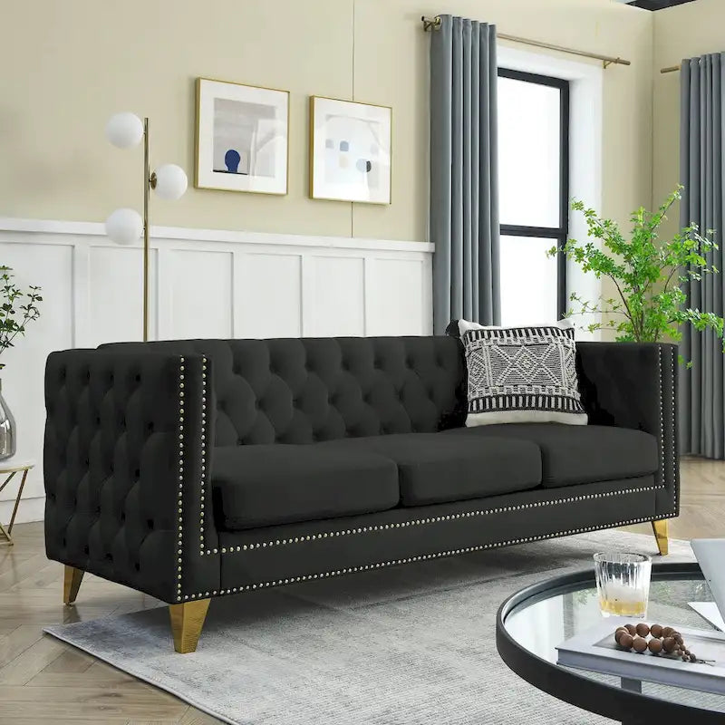 Chesterfield 3-Seat Velvet Sofa with Button Tufting, Nailhead Trim and Metal Legs – Black / Gray / Beige, 3-Person Use