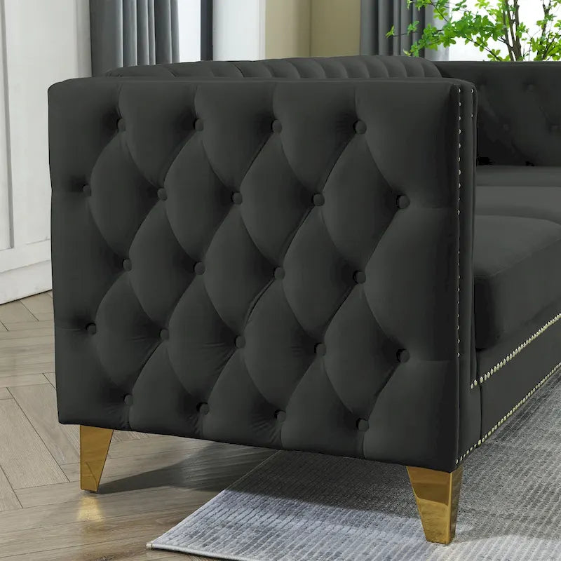 Chesterfield 3-Seat Velvet Sofa with Button Tufting, Nailhead Trim and Metal Legs – Black / Gray / Beige, 3-Person Use