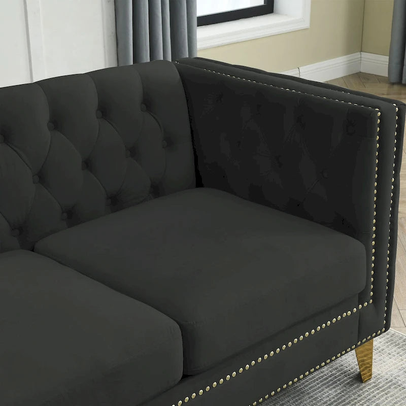 Chesterfield 3-Seat Velvet Sofa with Button Tufting, Nailhead Trim and Metal Legs – Black / Gray / Beige, 3-Person Use