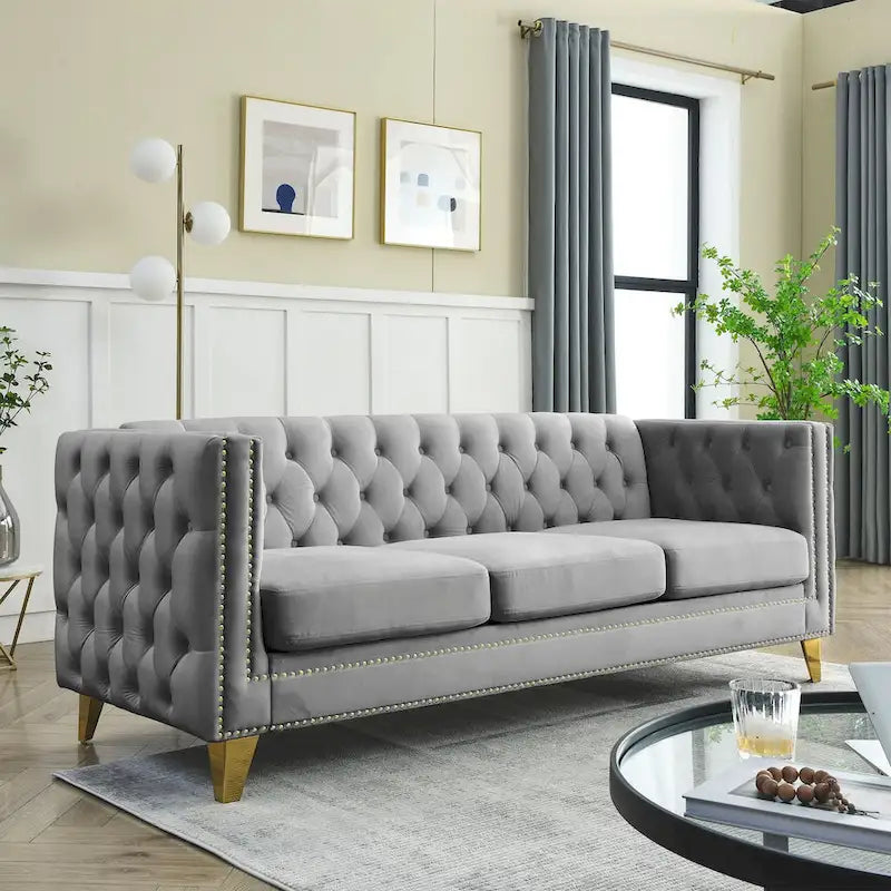 Chesterfield 3-Seat Velvet Sofa with Button Tufting, Nailhead Trim and Metal Legs – Black / Gray / Beige, 3-Person Use