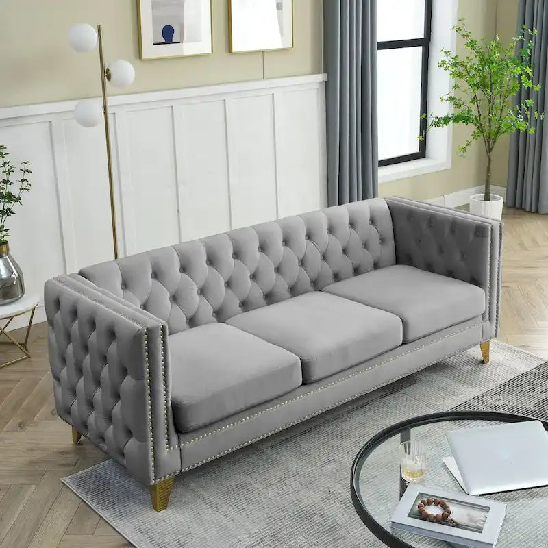 Chesterfield 3-Seat Velvet Sofa with Button Tufting, Nailhead Trim and Metal Legs – Black / Gray / Beige, 3-Person Use