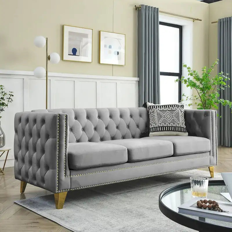 Chesterfield 3-Seat Velvet Sofa with Button Tufting, Nailhead Trim and Metal Legs – Black / Gray / Beige, 3-Person Use