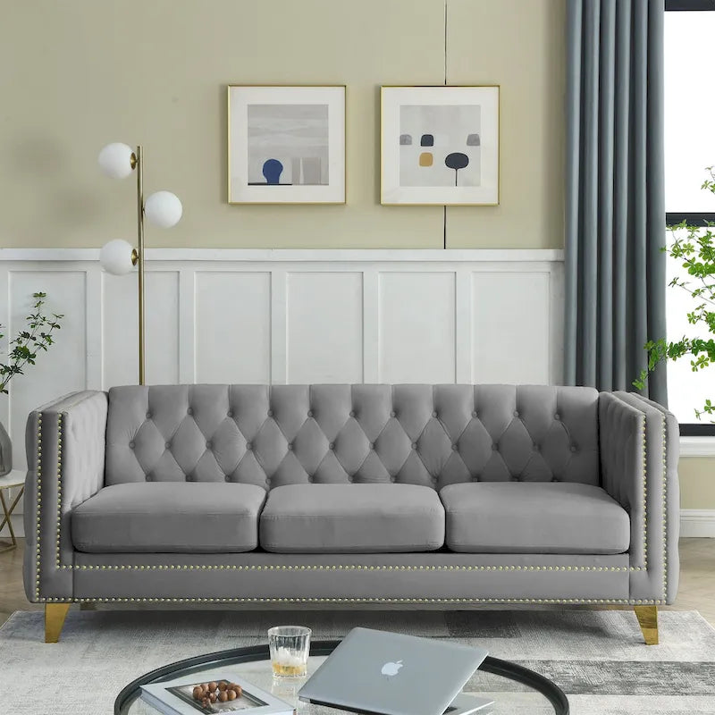 Chesterfield 3-Seat Velvet Sofa with Button Tufting, Nailhead Trim and Metal Legs – Black / Gray / Beige, 3-Person Use