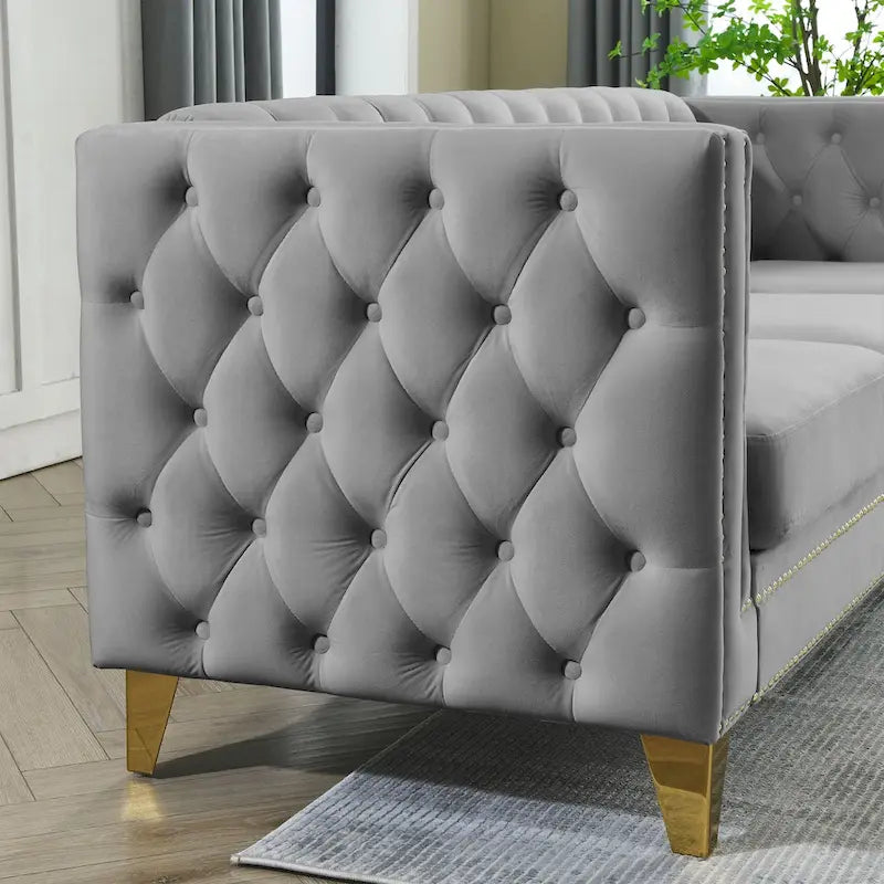 Chesterfield 3-Seat Velvet Sofa with Button Tufting, Nailhead Trim and Metal Legs – Black / Gray / Beige, 3-Person Use