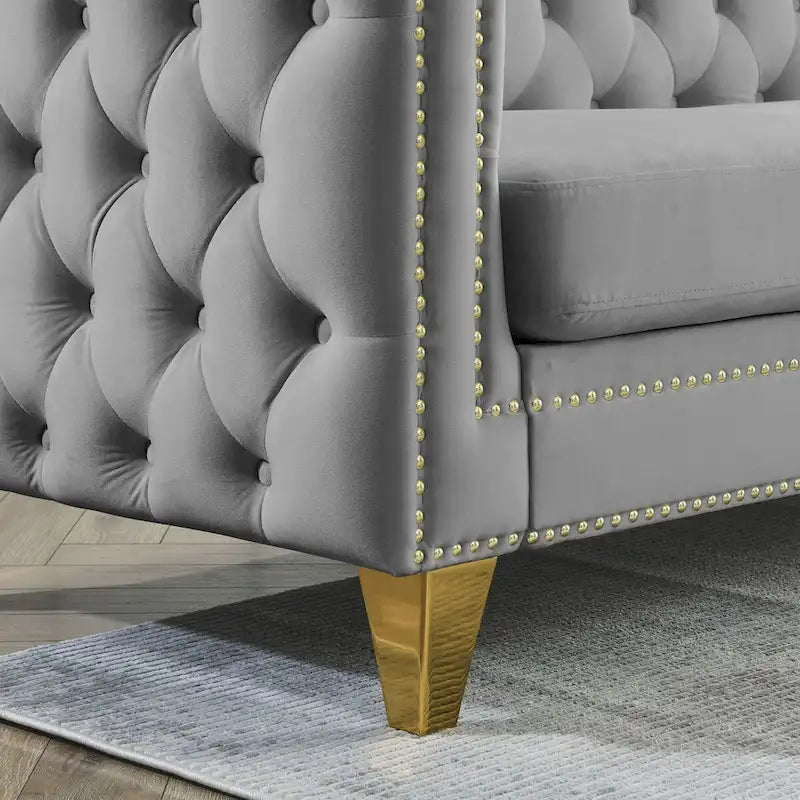 Chesterfield 3-Seat Velvet Sofa with Button Tufting, Nailhead Trim and Metal Legs – Black / Gray / Beige, 3-Person Use