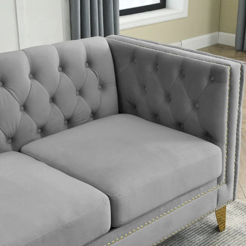 Chesterfield 3-Seat Velvet Sofa with Button Tufting, Nailhead Trim and Metal Legs – Black / Gray / Beige, 3-Person Use