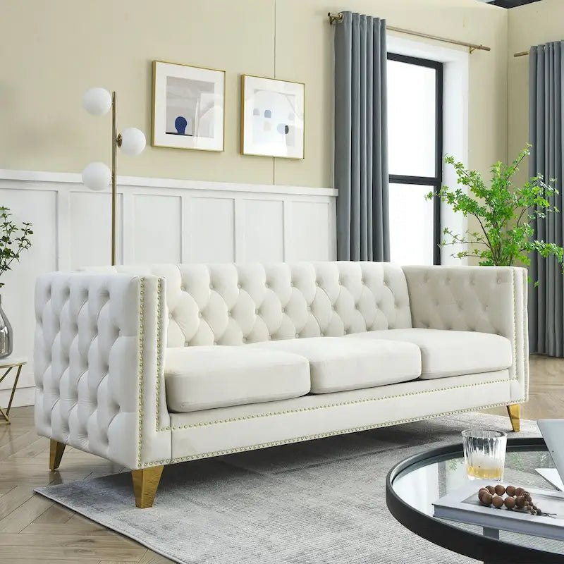 Chesterfield 3-Seat Velvet Sofa with Button Tufting, Nailhead Trim and Metal Legs – Black / Gray / Beige, 3-Person Use