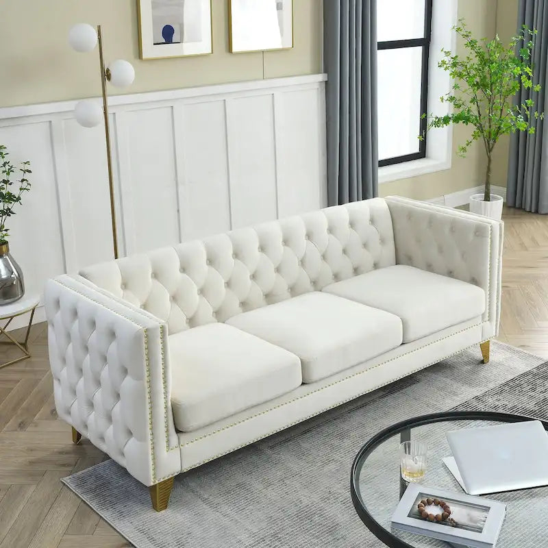 Chesterfield 3-Seat Velvet Sofa with Button Tufting, Nailhead Trim and Metal Legs – Black / Gray / Beige, 3-Person Use