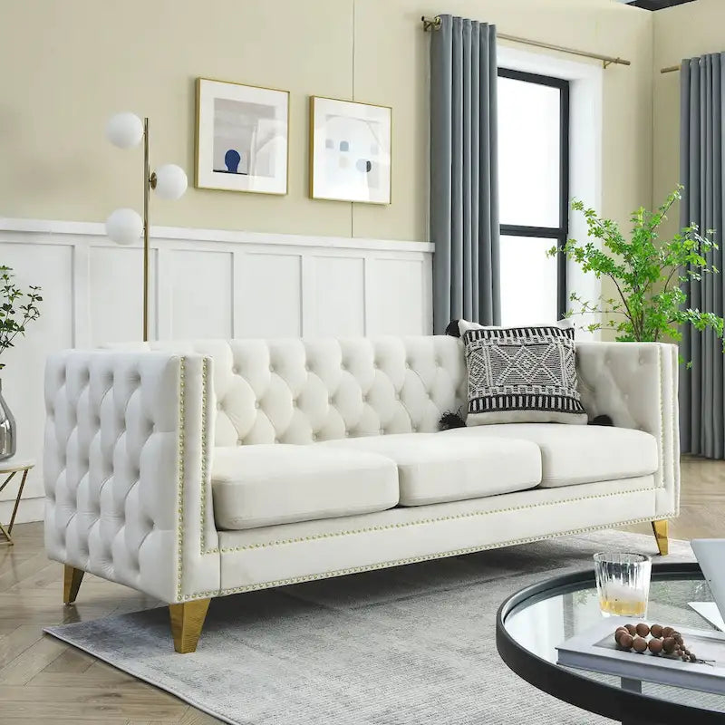 Chesterfield 3-Seat Velvet Sofa with Button Tufting, Nailhead Trim and Metal Legs – Black / Gray / Beige, 3-Person Use