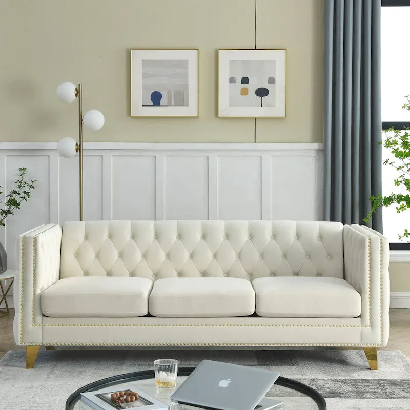 Chesterfield 3-Seat Velvet Sofa with Button Tufting, Nailhead Trim and Metal Legs – Black / Gray / Beige, 3-Person Use