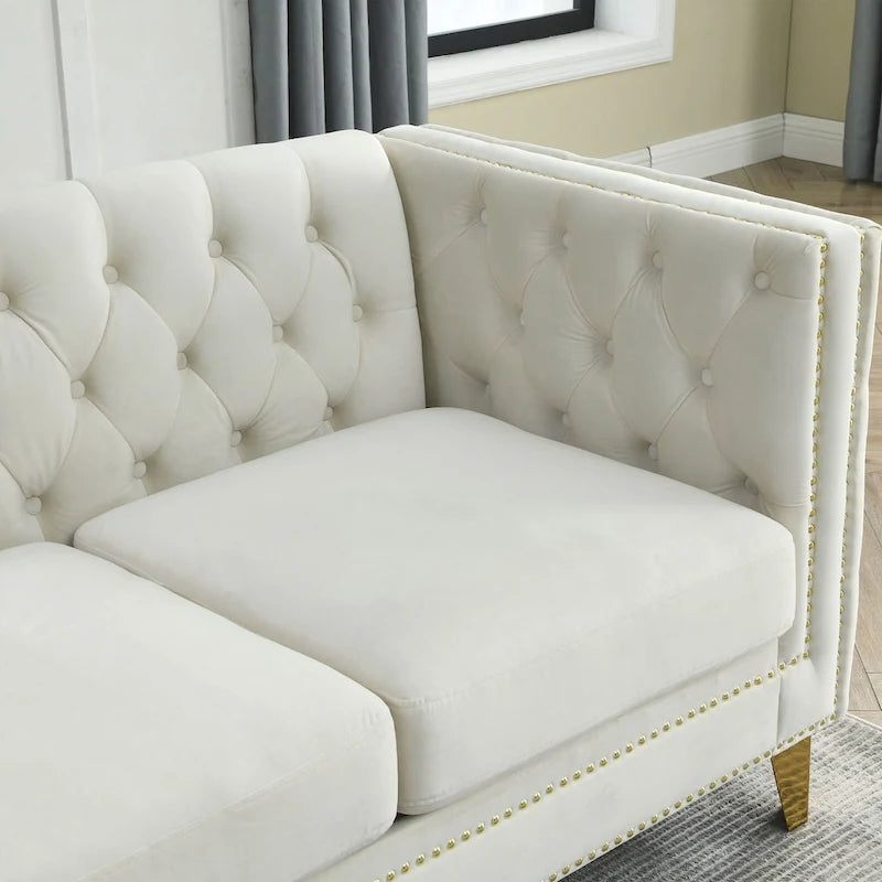 Chesterfield 3-Seat Velvet Sofa with Button Tufting, Nailhead Trim and Metal Legs – Black / Gray / Beige, 3-Person Use
