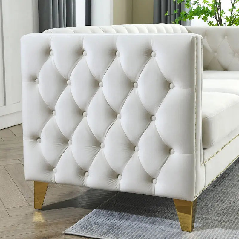 Chesterfield 3-Seat Velvet Sofa with Button Tufting, Nailhead Trim and Metal Legs – Black / Gray / Beige, 3-Person Use