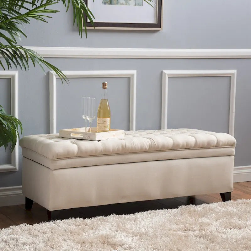 Diamond-Tufted Faux Leather Storage Ottoman Bench with Soft-Close Hinges – Brown / Beige / Light Grey / Gray, 1-2 Person Use