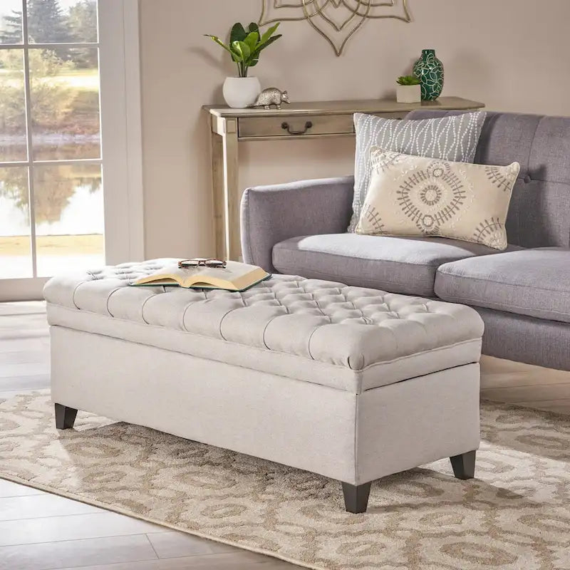 Diamond-Tufted Faux Leather Storage Ottoman Bench with Soft-Close Hinges – Brown / Beige / Light Grey / Gray, 1-2 Person Use