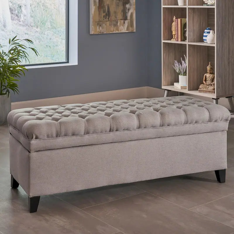 Diamond-Tufted Faux Leather Storage Ottoman Bench with Soft-Close Hinges – Brown / Beige / Light Grey / Gray, 1-2 Person Use