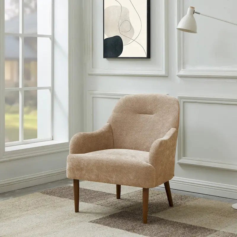 Chenille Accent Armchair with Wood Legs – Gray / Beige / Brown / Orange, 1-Person Use