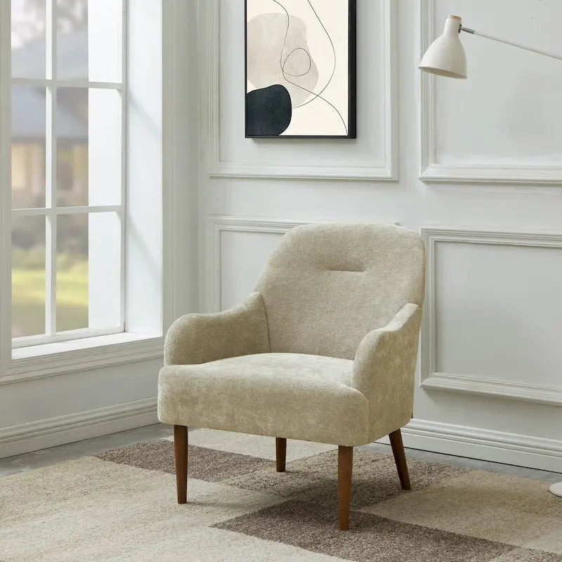 Chenille Accent Armchair with Wood Legs – Gray / Beige / Brown / Orange, 1-Person Use