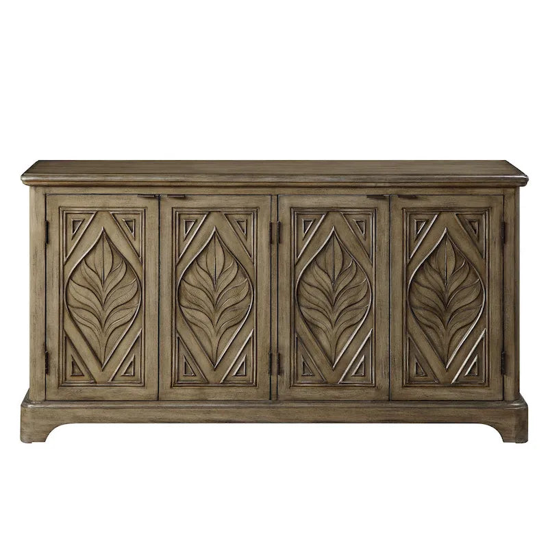Traditional Console Table with 4 Carved Leaf Motif Doors and Plinth Base – Oak Brown, 1-Unit