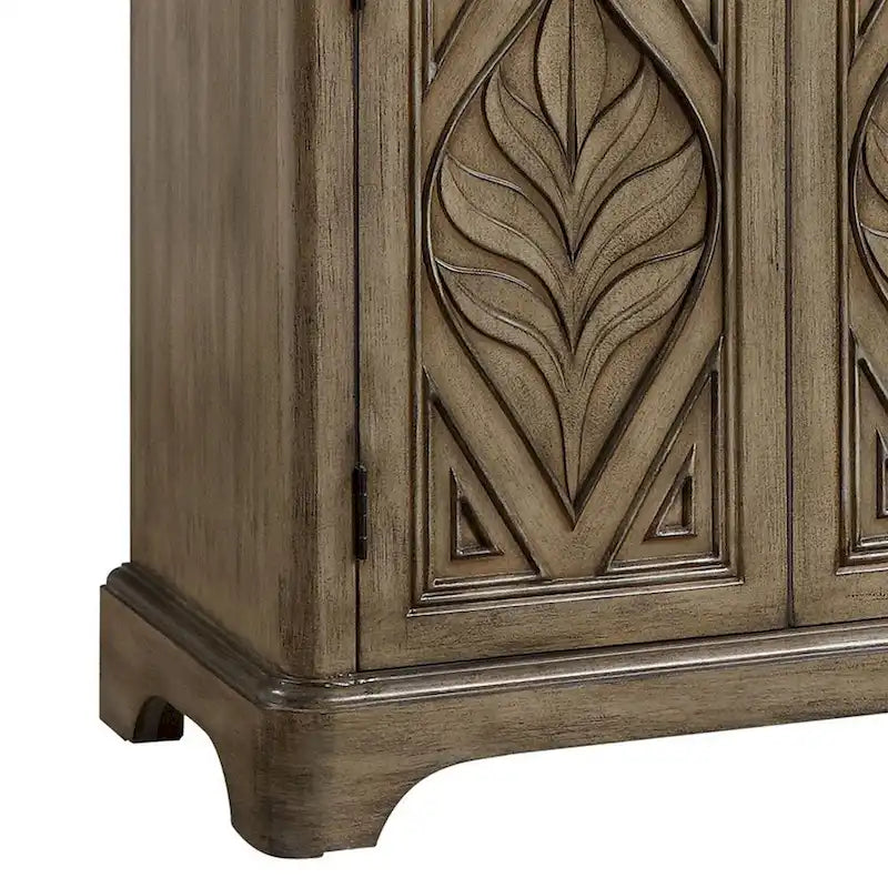 Traditional Console Table with 4 Carved Leaf Motif Doors and Plinth Base – Oak Brown, 1-Unit