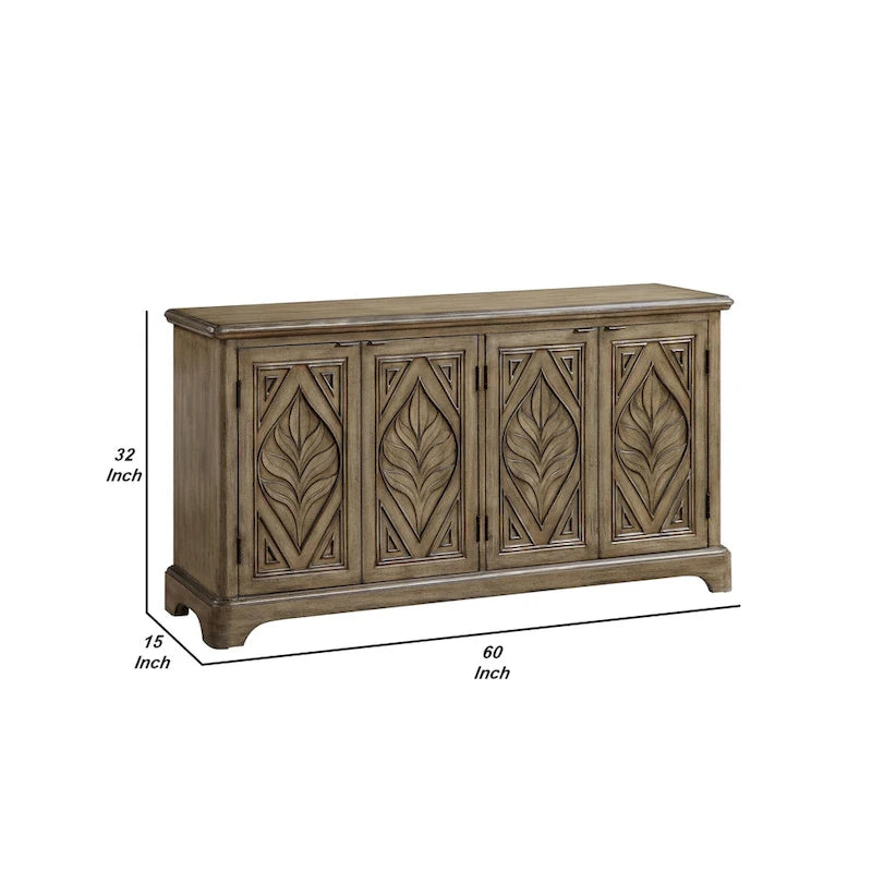 Traditional Console Table with 4 Carved Leaf Motif Doors and Plinth Base – Oak Brown, 1-Unit
