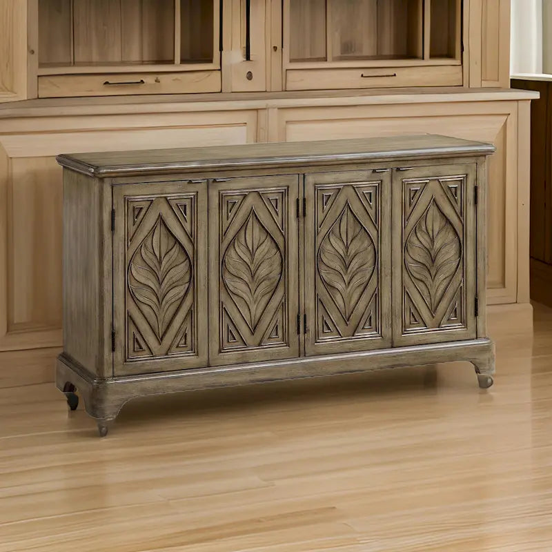 Traditional Console Table with 4 Carved Leaf Motif Doors and Plinth Base – Oak Brown, 1-Unit