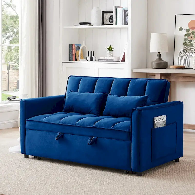 3-in-1 Convertible Velvet Loveseat Sofa Bed with Adjustable Back – Blue, 2-Person Use