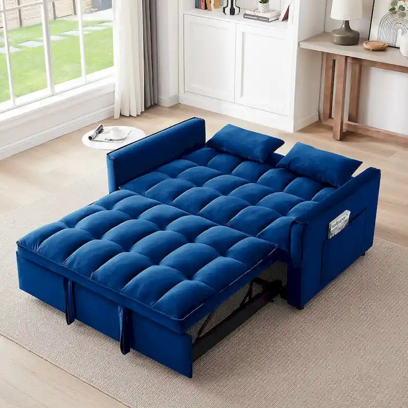 3-in-1 Convertible Velvet Loveseat Sofa Bed with Adjustable Back – Blue, 2-Person Use
