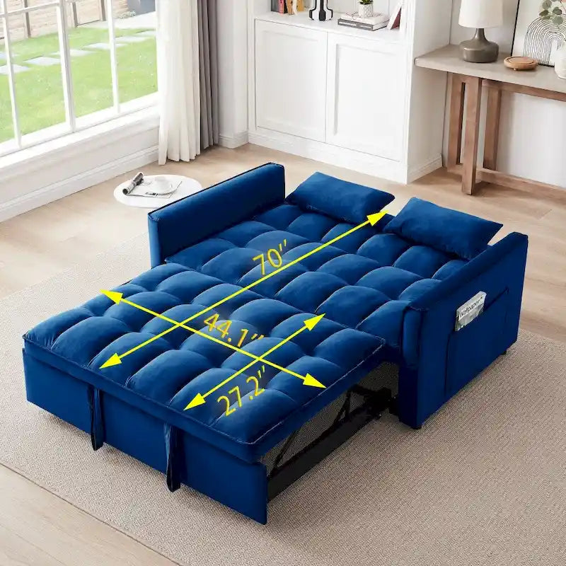 3-in-1 Convertible Velvet Loveseat Sofa Bed with Adjustable Back – Blue, 2-Person Use