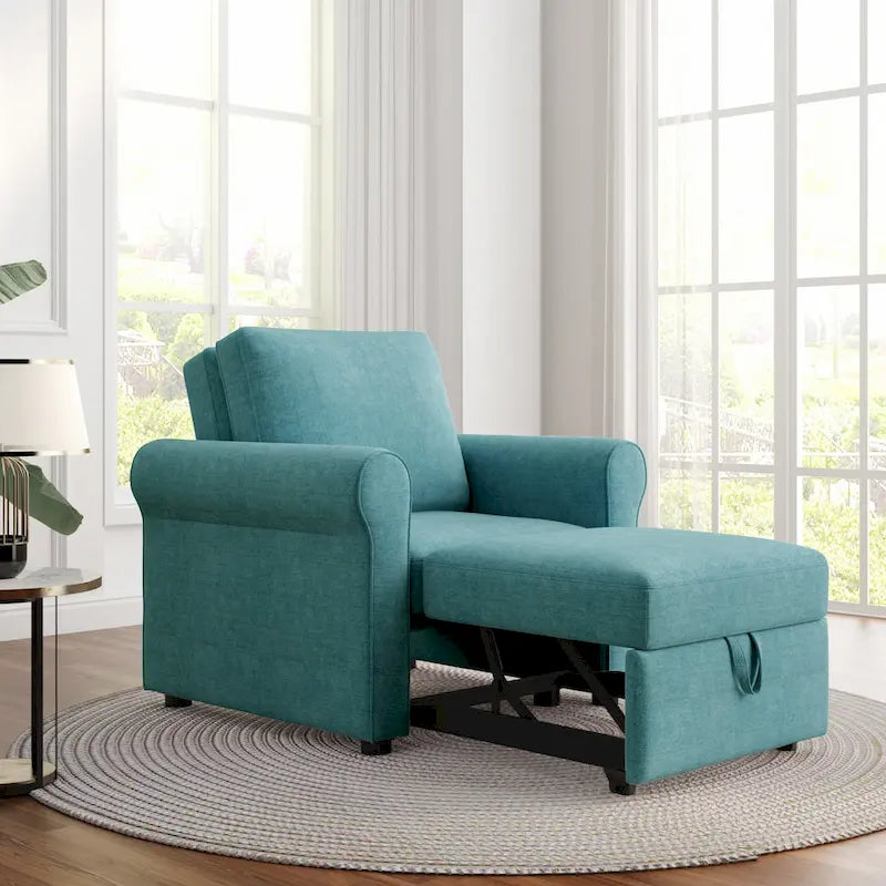 3-in-1 Convertible Sleeper Chair with Adjustable Backrest, Wheels and Pull-Out Bed – Teal / Dark Blue / Beige, 1-Person Use