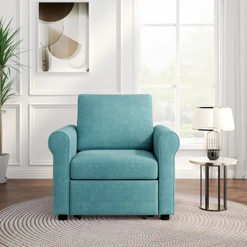 3-in-1 Convertible Sleeper Chair with Adjustable Backrest, Wheels and Pull-Out Bed – Teal / Dark Blue / Beige, 1-Person Use