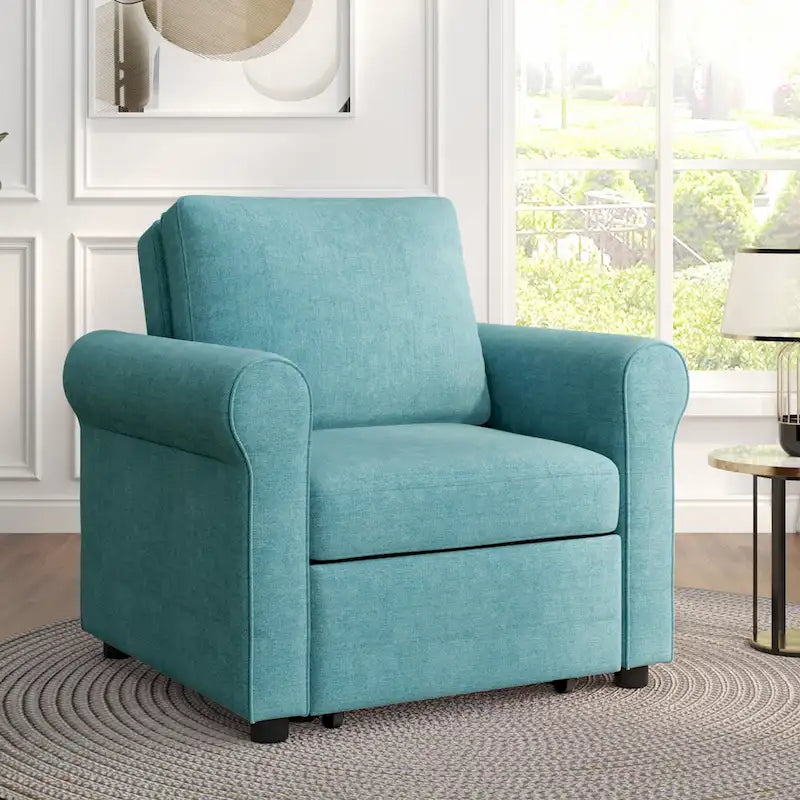 3-in-1 Convertible Sleeper Chair with Adjustable Backrest, Wheels and Pull-Out Bed – Teal / Dark Blue / Beige, 1-Person Use