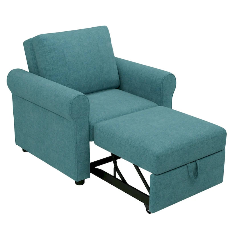 3-in-1 Convertible Sleeper Chair with Adjustable Backrest, Wheels and Pull-Out Bed – Teal / Dark Blue / Beige, 1-Person Use