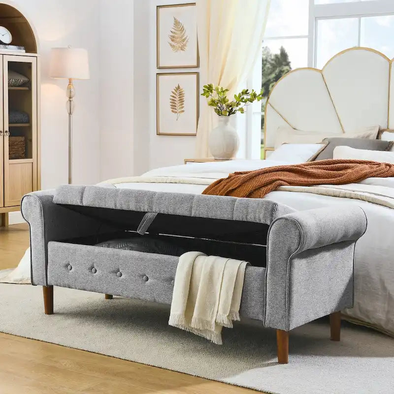 Diamond-Tufted Storage Bench with Rolled Arms and Snap Hinge Lid – Beige / Grey / Black / Blue, 2-Person Use