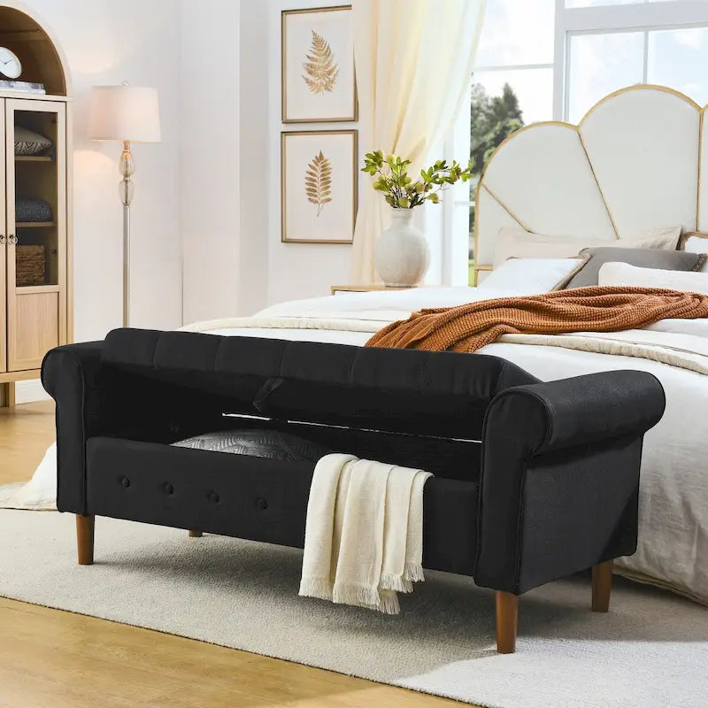 Diamond-Tufted Storage Bench with Rolled Arms and Snap Hinge Lid – Beige / Grey / Black / Blue, 2-Person Use