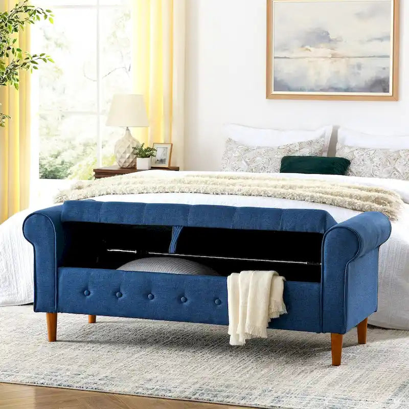 Diamond-Tufted Storage Bench with Rolled Arms and Snap Hinge Lid – Beige / Grey / Black / Blue, 2-Person Use