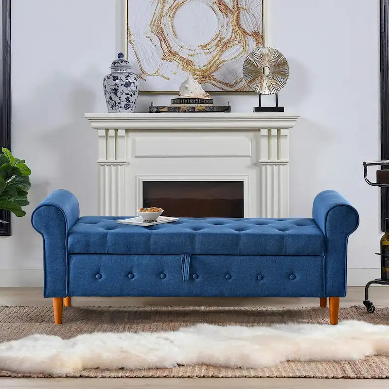 Diamond-Tufted Storage Bench with Rolled Arms and Snap Hinge Lid – Beige / Grey / Black / Blue, 2-Person Use